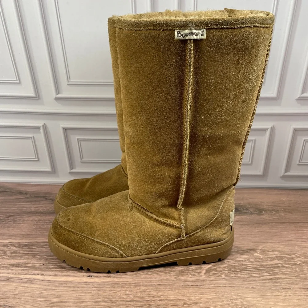 Bearpaw Elle Tall Suede Boots Womens Tan Hickory Faux Fur Lined Winter Pull On 9